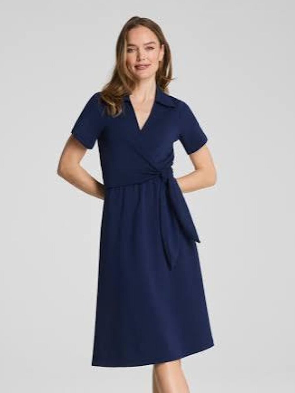 SPANX AirEssentials Collared Short Sleeve Tie-Waist Stretch Midi Dress Blue, M